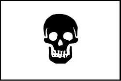 Another of Olivier Levasseur's pirate flags, described as "Death’s head in black in ye middle of a white ensign" as written in a handwritten note regarding an attack by Levasseur, in a copy of Jeremy Taylor’s Holy Living and Holy Dying.[12]
