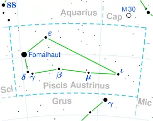 Fomalhaut A, B are located in the constellation Piscis Austrinus; Fomalhaut C is located in the constellation Aquarius.