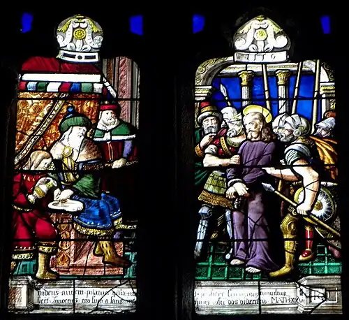Part of the St Herbot chapel main window. Jesus is taken before Pontius Pilate