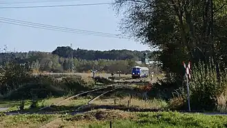 View of a train in the distance, surronded by greenery