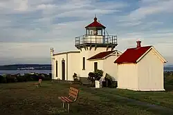A photograph of the lighthouse at Point No Point. The lighthouse is a white building with red rooftops. A small lighthouse emerges from the roof.