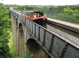 The Llangollen Canal traverses the longest and highest aqueduct in Wrexham, Wales, United Kingdom