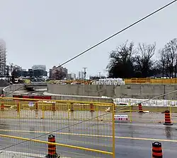 Photo of a concrete guideway under construction