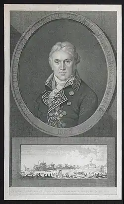 Portret van Pierre-Victor Malouet met een zicht van het bouwen van schepen onderaan