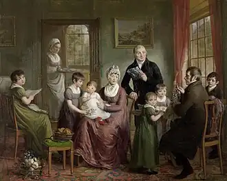 A portrait of the Adrianus Bonebakker family during a visit from - in all probability - partner Diederik L. Bennewitz (seated, with the silver object). Bonebakker himself can be seen holding a document. Painting by Adriaan de Lelie (1809), Rijksmuseum Amsterdam.