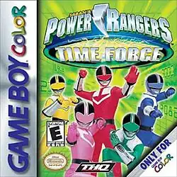 A square video game cover with the title "Saban's Power Ranger Time Force" above five super hero characters in spandex costumes and helmets that cover their entire head and face. Each hero is a different color and the visor of their helmets have different shapes.