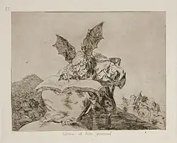 Sitting on a rock, a monstrous winged devil writes a book, perhaps a book of fate, or a book of evil.