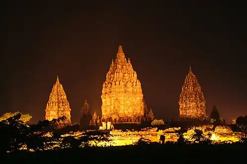 Three temples, lit up at night