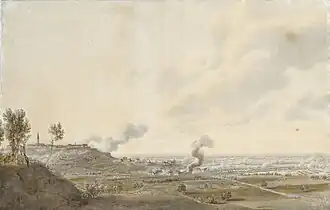 Painting shows a landscape covered with tiny figures and lines of soldiers.
