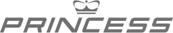 An all gray wordmark, "Princess" in tilted, all capital letters with the silhouette of a centered above the text.