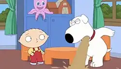 A screenshot of the Family Guy episode 'Quagmire's Dad', showcasing Brian Griffin vomiting upon learning that he slept with a trans woman
