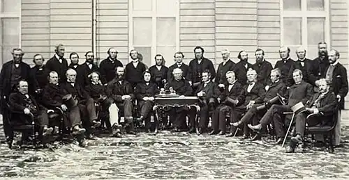 Delegates of the Legislatures of Canada gathering at the Quebec Conference – Photo by Jules I. Livernois on October 27, 1864.