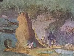A somewhat faded painting of an island with a cave opening, a group of people and several ships in the background