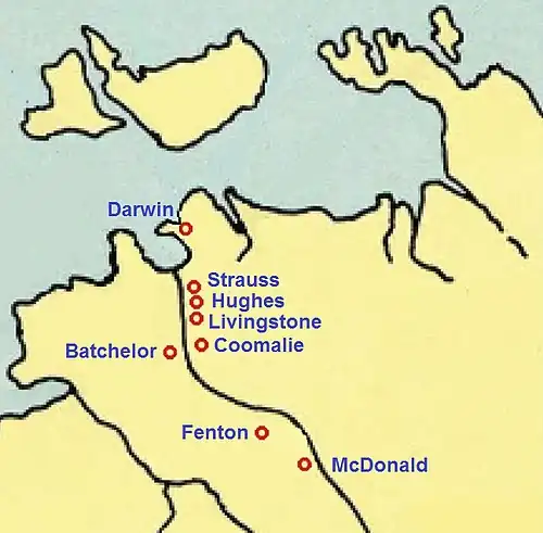 Map of Northern Territory with locations of airfields