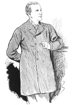 Line drawing of a man, slightly balding, in a coat and tie, leaning on a lectern.