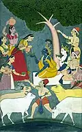 Pahari painting of Radha offering bowl of curd to Krishna.