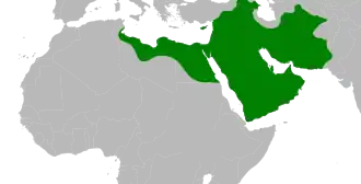 The Rashidun Caliphate at its greatest extent under Uthman, c. 654