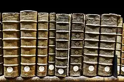 Books on a bookshelf in the Bibliothèque Mazarine