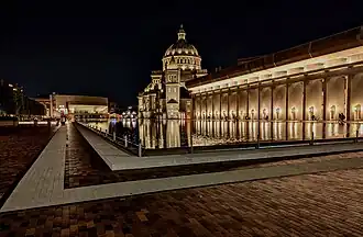 Reflecting pool at the Christian Science Plaza at night. July 19, 2024