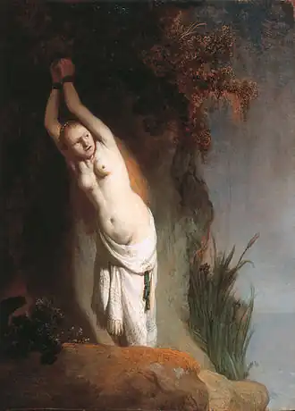 Rembrandt, Andromeda Chained to the Rocks, 1630, showing Andromeda frightened and alone[56]