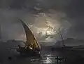 A night landscape with a sailboat where a fire is being lit