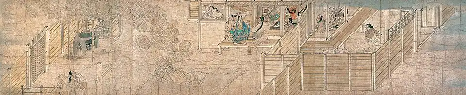 Painting. Sacks of rice land from the sky in the courtyard of an estate. In the house, women are cooking or having fun. Outside, a woman is gardening. Behind the house, a man and a child are reading.