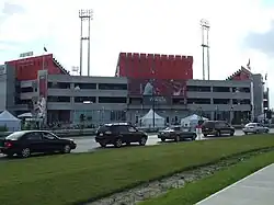 Exterior of red and white concrete multi-storey building