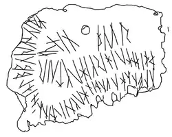 Drawing of the fragment, highlighting the runic inscription.
