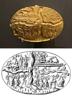 Top: Photograph of a gold ring, engraved with a complex design. Bottom: line drawing of the face of a ring, inverted horizontally, divided into four quarters, with many human and animal figures in each.