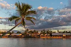 River bank of the island of Don Khon with stilt wooden houses, seen from Don Det with a leaning Arecaceae (palm trees) and colorful clouds.