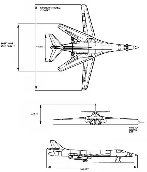 Three sketched diagrams showing the front, top and side views of the B-1. The top view, in particular, shows the maximum sweep angles of the wings