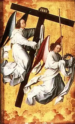 Painting of two winged figures carrying various implements
