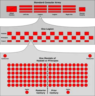 A diagram showing the usual deployment of a legionary maniple and how that fitted within a legion and a typical army