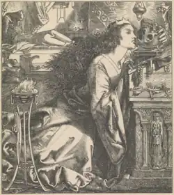 A black-and-white engraving showing a woman with a skull and a man in the background