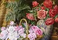 Painting of a basket of pink roses next to a vase with red roses