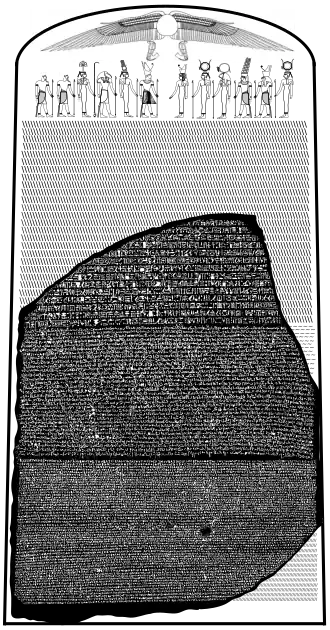 The Rosetta Stone with the missing upper and lower portions outlined