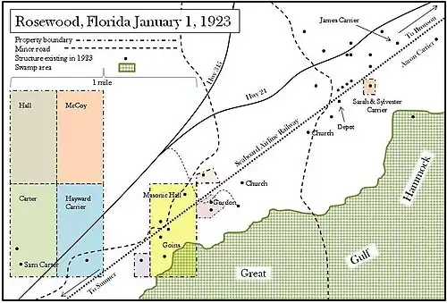 A color digital map of the town of Rosewood marking the structures that stood on January 1, 1923, and the Seabord Air Line Railway