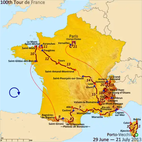 Map of France showing the path of the race starting in Corsica, then going clockwise around France.