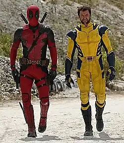Picture of Ryan Reynolds in costume as Deadpool and Hugh Jackman in costume as Wolverine in an outdoor location in 2023