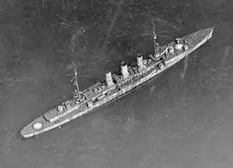 Aerial photo of Frankfurt moored during the test, with white targets painted on her deck