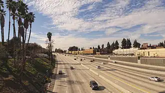 The SR 134 portion of the Ventura Freeway at the western edge of Burbank, California looking west from N Pass Ave.