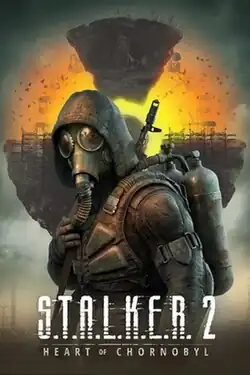 The top half of a figure wearing a hazmat suit who is looking at the camera, while standing above the game's logo and in front of imagery that forms the symbol for radiation.