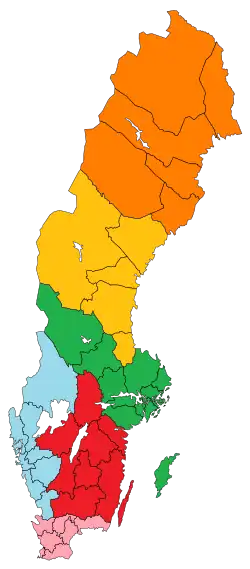 Clickable image map showing the geographic boundaries of district courts in Sweden.