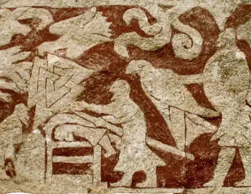 Possible depiction of a Valkyrie in raven hamr (notice the dress)