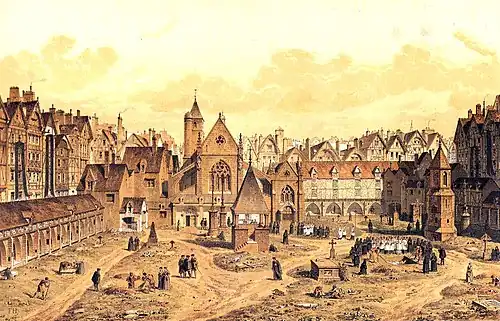 The Cemetery of the Saints-Innocents, the largest in the city, in 1550. (19th-century engraving by Hoffbauer)