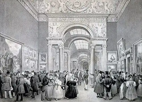 The Brussels Salon of 1830 in the palace's new Grand Gallery, rendered by Jean-Baptiste Madou