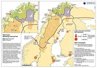 Location of Sápmi: dark red line showing the Southern limit of the areas traditionally inhabited by the Sámi