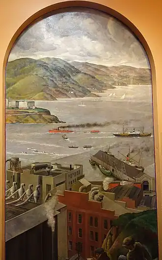 Coit Tower mural by Jose Moya del Pino - "San Francisco Bay, North" (1934)