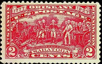 150th anniversary of the Battles of Saratoga stamp featuring Burgoyne's surrender, issued in 1927