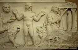 Early Christian sarcophagus relief: Daniel in the Lions' Den and the Raising of Lazarus